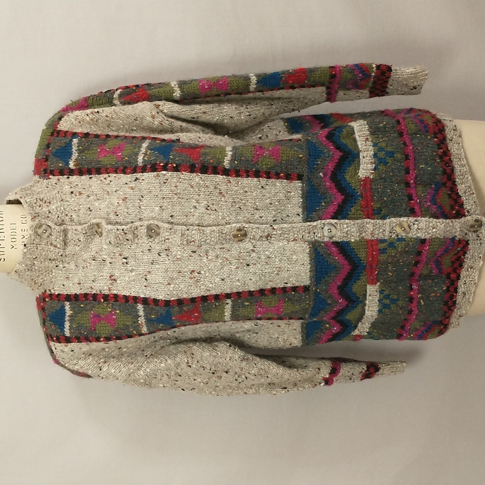 Colorful Handknit Cardigan Sweater Natural Undyed Wool Pockets Bold Pattern SeeM - Picture 2 of 13